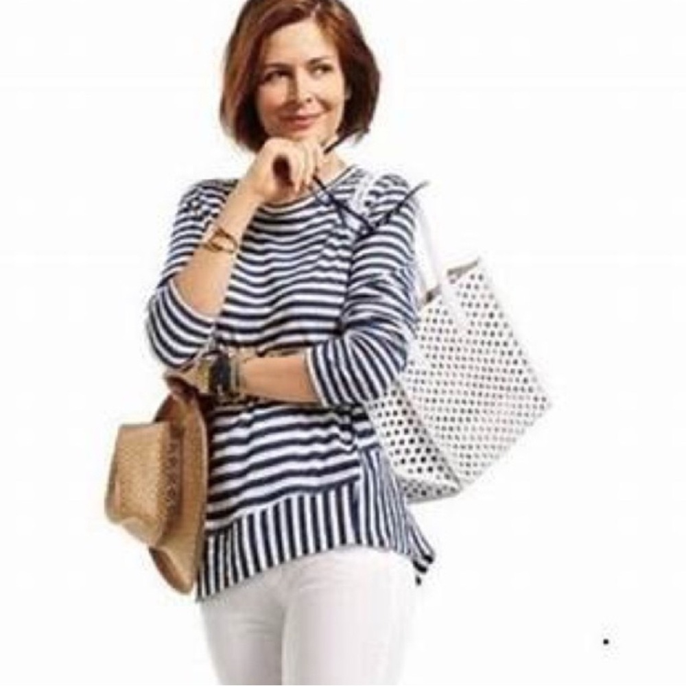 Cabi bengal striped asymmetrical hem long sleeve tee shirt #256